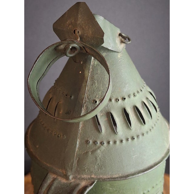 Green Antique Punched Tin Mica Window Lantern Matthew J King Collection 19thC Primitive For Sale - Image 8 of 18