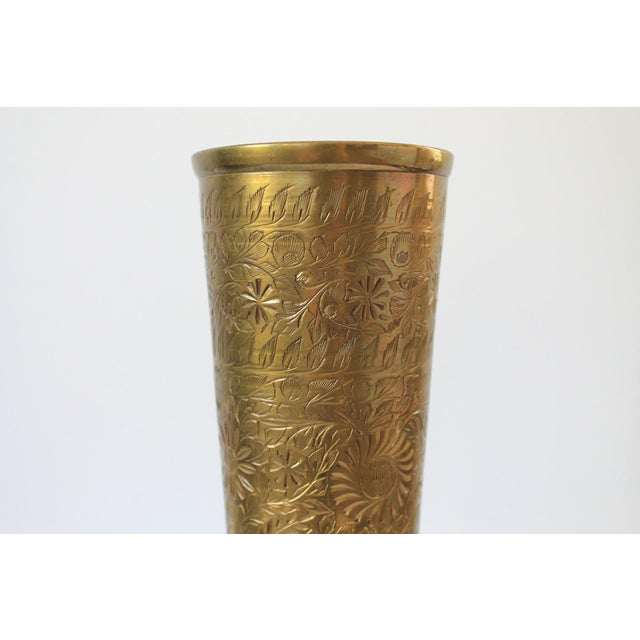 Mid-Century Modern Vintage Hand-Etched Solid Brass Trumpet Vase For Sale - Image 3 of 7