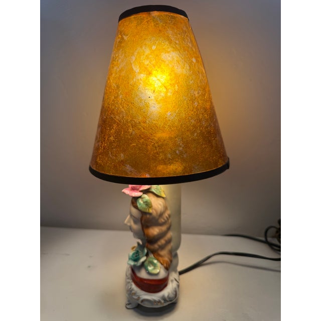 Vintage Japanese Hand Painted Porcelain Bust Of A Woman Lamp Boudoir with unique shade.