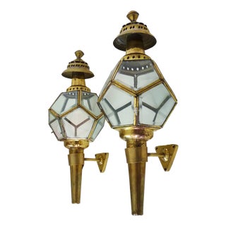 Vintage Carriage Lantern Wall Sconces in Brass and Glass, 1960s, Set of 2 For Sale