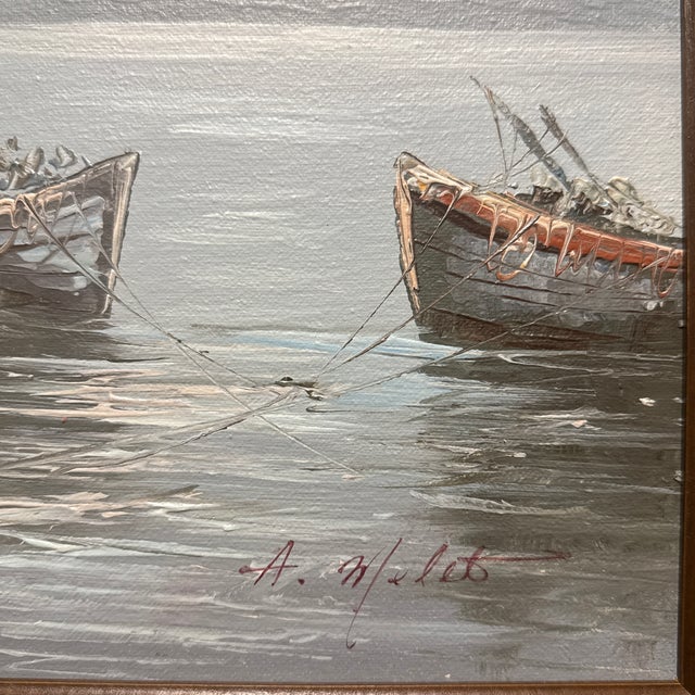 Vintage European Harbor Oil Painting Fishing Boats Seascape Framed Signed For Sale - Image 11 of 12