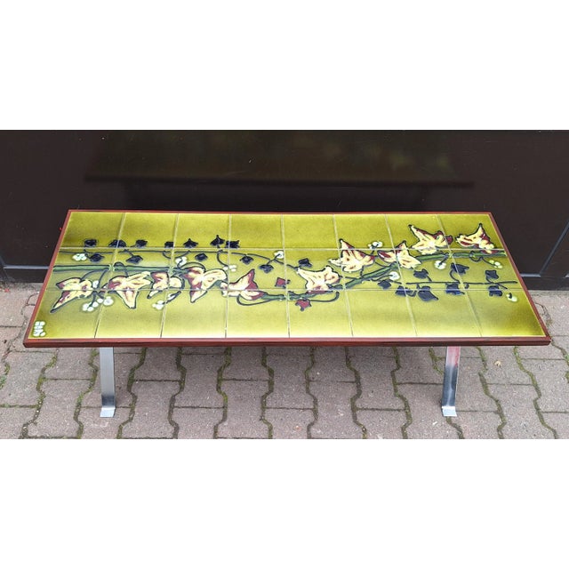 Mid-Century Coffee Table with Chrome-Plated Strip Steel Frame with Green-Ground Tile Top with Colored Floral Motif by...