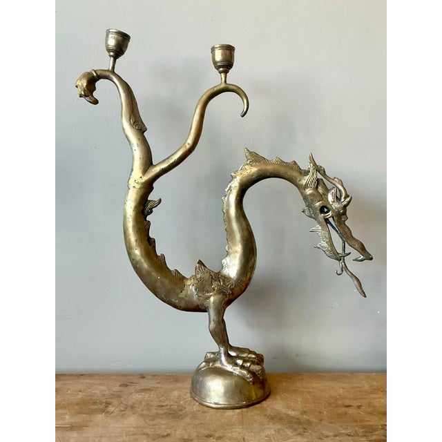 Make a bold sculptural statement with this monumental vintage brass dragon candelabra. Heavily cast and rich in detail,...