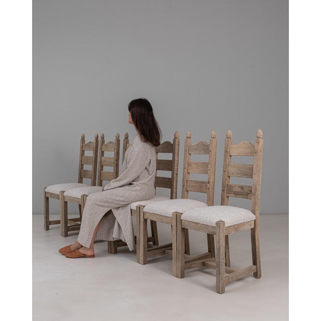 20th Century Belgian Upholstered Oak Ladderback Oak Dining Chairs - Set of 5 For Sale - Image 11 of 18
