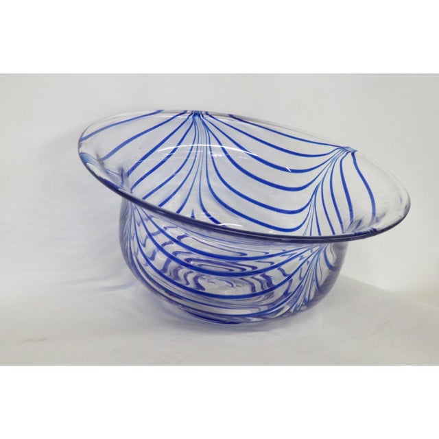 Mid Century Modern Murano Art Glass Serving Bowl With Cobalt Blue Striping 4860b For Sale - Image 12 of 12