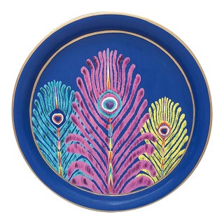 Les Ottomans Matthew Williamson Peacock Feather Round Iron Tray in Blue For Sale