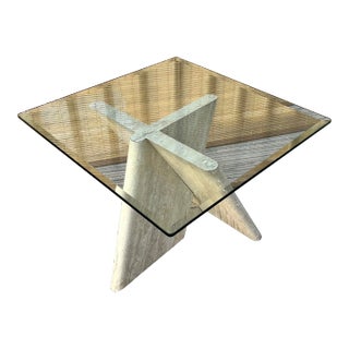 Late 1970s Postmodern Marbleized Formica Glass Top Side Table For Sale