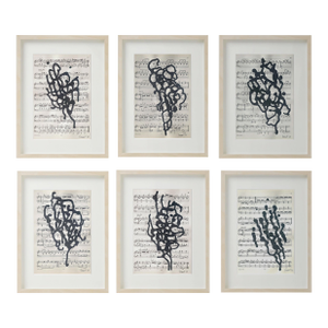 Natural Wood Shadow Box Framed Original Drawings 'Black and White Floral Abstractions on Music Score Sheets' #4 - Wall Gallery Installation - Set of 6