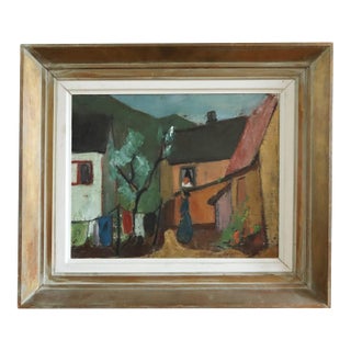 Mid-Century Modern 'Village Courtyard' Vintage Original Landscape Oil Painting, Framed For Sale