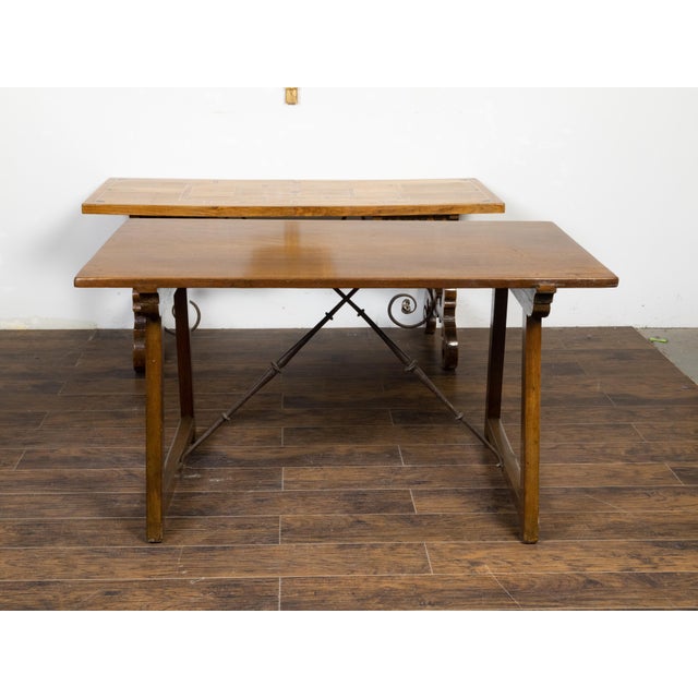 Brown French 19th Century Walnut Console Table with Trestle Base and Iron Stretchers For Sale - Image 8 of 12