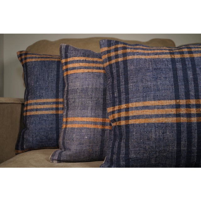Set of 3 Vintage Handwoven Indigo Stripe Pillows – 16x16 For Sale - Image 12 of 17