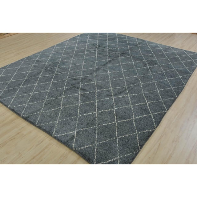 Contemporary Moroccan Rug 8’4” X 9’10” Blue Wool Contemporary Hand-Knotted Carpet For Sale - Image 3 of 12