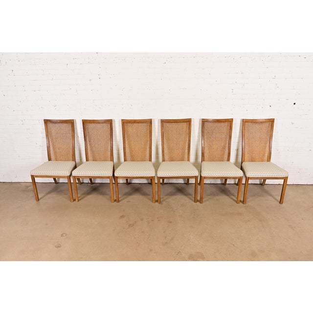 1980s Drexel Heritage Mid-Century Modern Walnut and Cane High Back Dining Chairs, Set of Six For Sale - Image 5 of 12