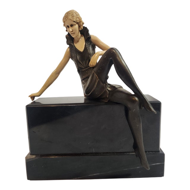 1930s Art Deco "Flapper Girl on a Wall" Bronze and Galalith Sculpture For Sale