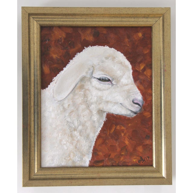 An oil painting of a white sheep. lamb, painted in a textured English traditional, impressionist style on a textured burnt...