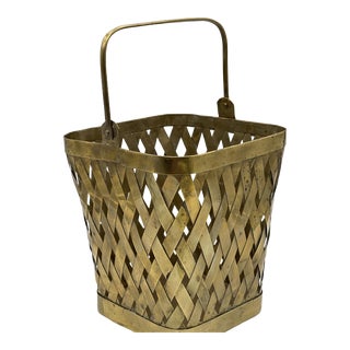 Large Vintage Woven Brass Basket Handled Basket For Sale