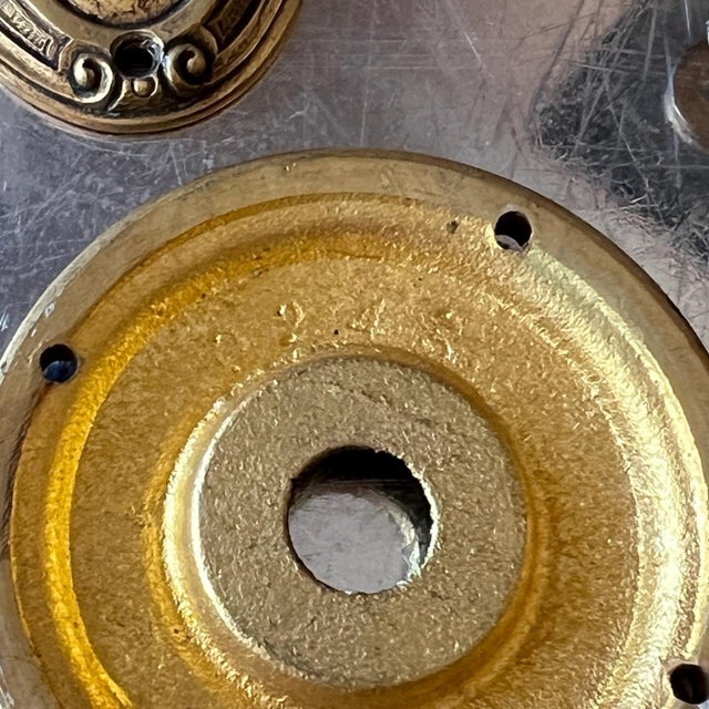 Pair of Sherle Wagner-style lever door handles / doorknobs and escutcheons // vintage hardware for French doors // cast brass with gilt For Sale - Image 16 of 16