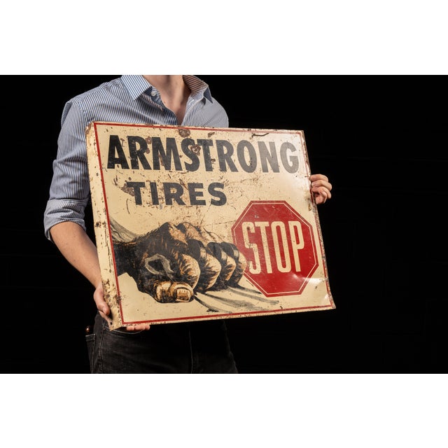 c. 1940s/1950s; Armstrong Rubber Co. - West Haven, CT Vintage flanged painted tin service station sign. This piece...