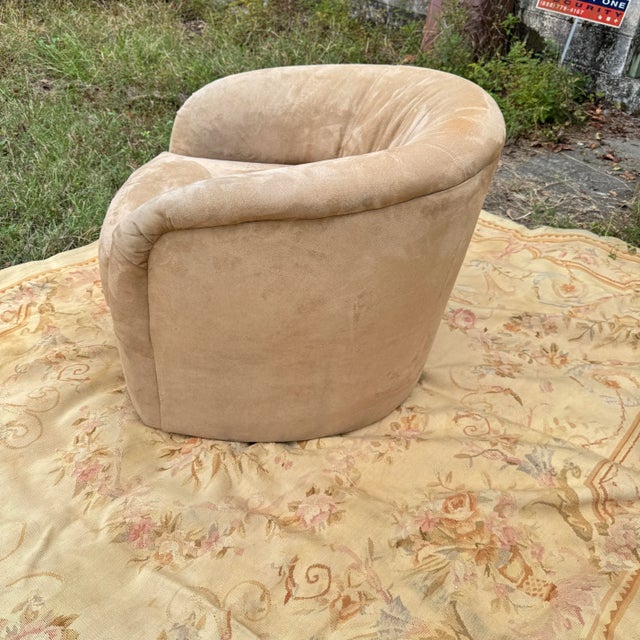 1990s Milo Baughman Style Suede Upholstered Barrel Back Swivel Chair For Sale - Image 10 of 12
