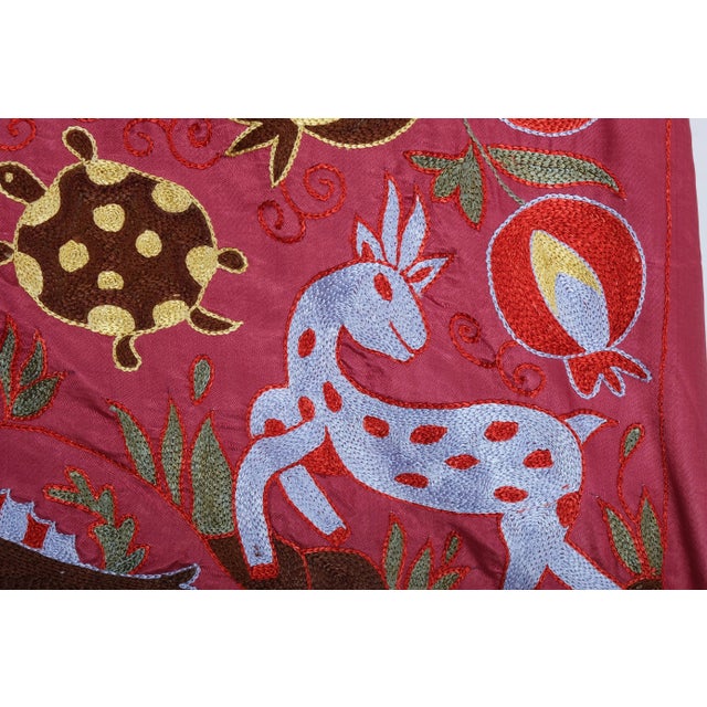 Suzani Wall Decor With Tree of Life Fish Pictorial Motifs 3'2'' X 6'4'' For Sale - Image 6 of 8