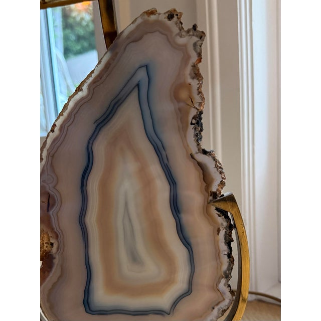 Brass Vintage Willy Daro Attributed Brass & Agate Table Lamp With Silk Lamp Shade For Sale - Image 8 of 11