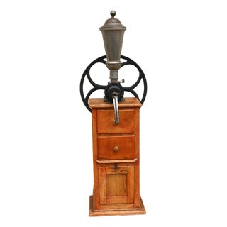 Antique Tall Standing Coffee Grinder | Cast Iron Wheel & Solid Pine Cabinet | Industrial Country Store Mill For Sale