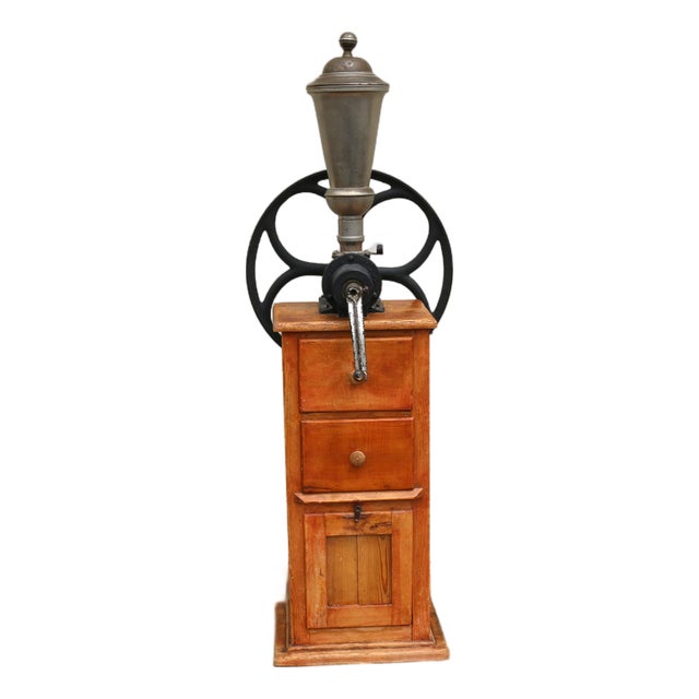 Antique Tall Standing Coffee Grinder | Cast Iron Wheel & Solid Pine Cabinet | Industrial Country Store Mill For Sale