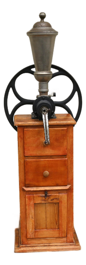 Antique Tall Standing Coffee Grinder | Cast Iron Wheel & Solid Pine Cabinet | Industrial Country Store Mill