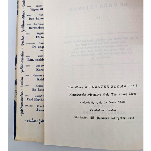Brown 3 Vintage Swedish Hardcover Books 1950s, Svalans Jubileumsserien, Irwin Shaw the Young Lions & Harry Martinson, Bonniers Förlag For Sale - Image 8 of 12