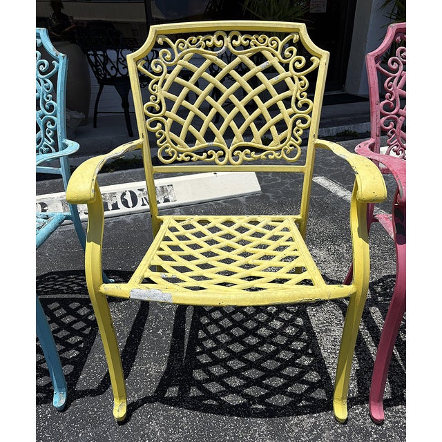 Vintage Cast Aluminum Brightly Painted Outdoor Armchairs- Set of 6 For Sale - Image 11 of 18
