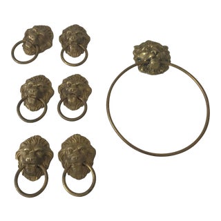 Vintage Mid Century Hollywood Regency Six Loin's Head Drawer Pulls Towel Rack For Sale
