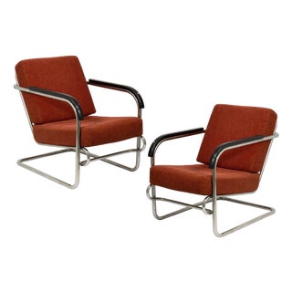 Bauhaus / Thonet Style Pair of Armchairs C. 1930s Tubular Steel With Red-Brown Upholstery For Sale