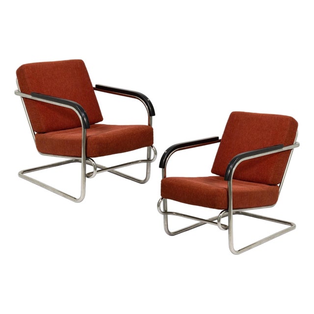 Bauhaus / Thonet Style Pair of Armchairs C. 1930s Tubular Steel With Red-Brown Upholstery For Sale