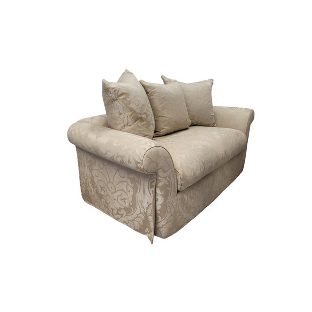 Custom English Roll Arm Bench Seat Damask Loveseat With Pleated Skirt For Sale - Image 4 of 13