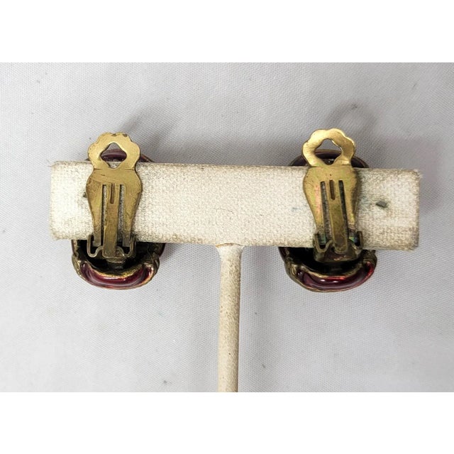1980s Vintage 1980s Signed Yosca Goldtone Red Enamel & Clear Rhinestone Half Hoop Clip Earrings - 2 Pieces For Sale - Image 5 of 6