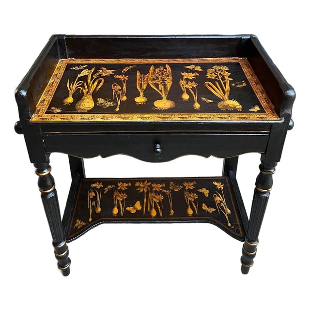 Antique English Sofa Side Table Decoupage Botanical Floral Black Gold C1890 For Sale
