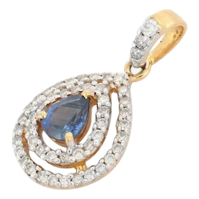 18k Yellow Gold Sapphire Pear Drop Pendant With Double Halo Diamond Setting For Sale
