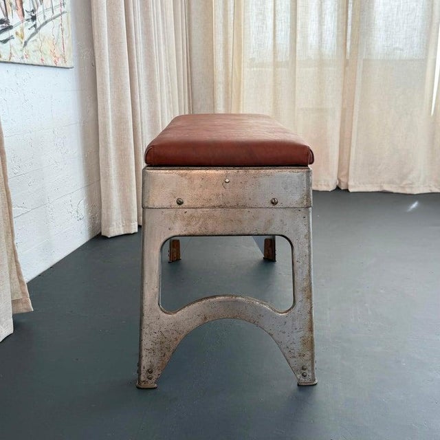 1940s 1940s Custom Industrial Brushed Steel and Leather Bench For Sale - Image 5 of 9