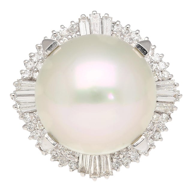 Pearl With Baguette and Round Diamonds in Platinum Cocktail Ring Size 7 For Sale
