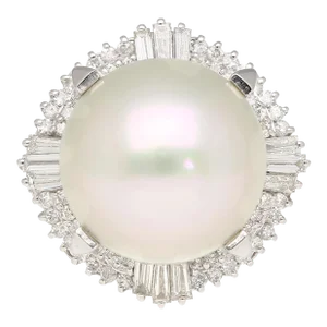 Pearl With Baguette and Round Diamonds in Platinum Cocktail Ring Size 7