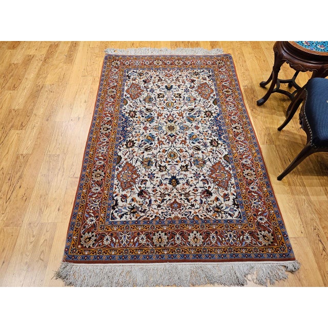 1900 - 1909 Vintage Persian Isfahan Rug, Hand-Knotted Wool & Silk, Allover Floral Pattern, Ivory & Brick-Red, 4x6 For Sale - Image 5 of 18