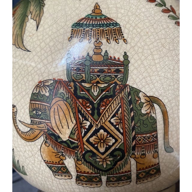 1990s Vinatge Elephants & Palm Trees Large 10 1/2” Jug Style Vase For Sale - Image 5 of 6