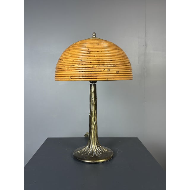 Wood Mid-Century Pencil Reed Rattan Bamboo and Brass Table Lamp, 1970s For Sale - Image 7 of 17