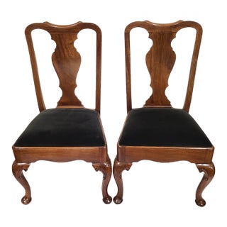 Pair 19th C English Queen Anne Mahogany Splat Back Slip Seat Side Chairs For Sale