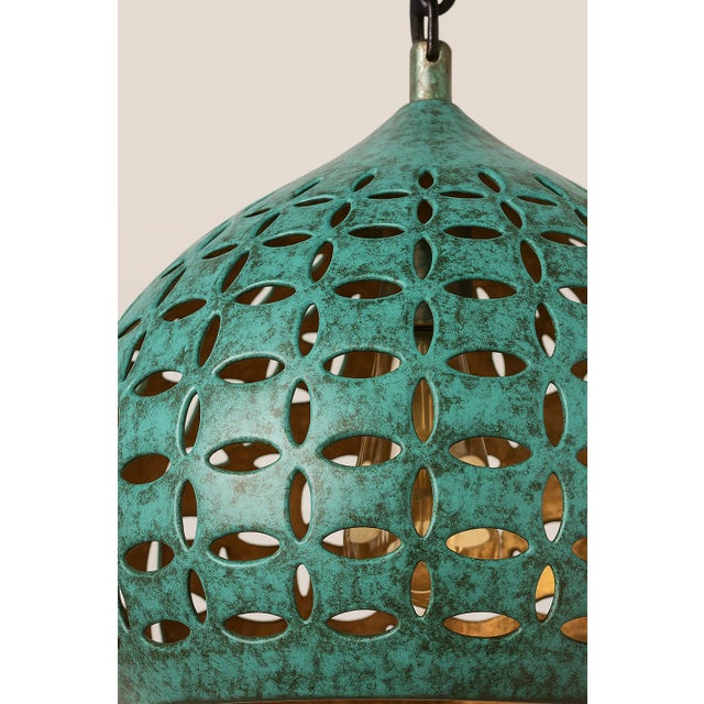 Mid-Century Modern Copper Light Dome Pendant Lamp With Patina Turquoise Finish For Sale - Image 3 of 4