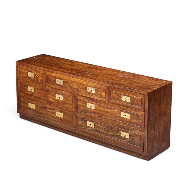 Henredon Campaign Mid Century Oak and Brass Lowboy Dresser For Sale - Image 9 of 10