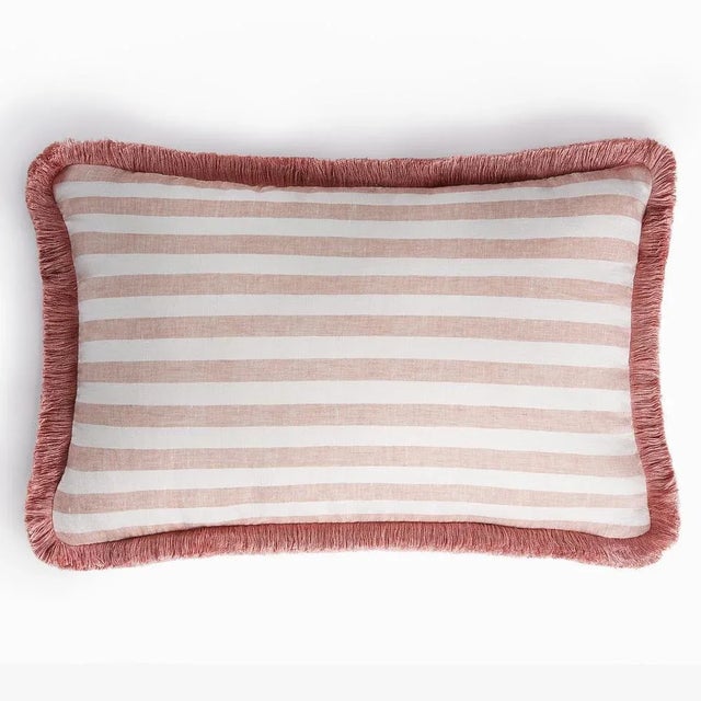 White Light Pink with Light Pink Fringes Happy Linen Striped Pillow by LO DECOR for Lorenza Briola For Sale - Image 6 of 6