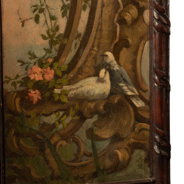 Antique French Rococo Oil Canvas Walnut Painting Landscape Cherubs Screen 1870 For Sale - Image 16 of 18