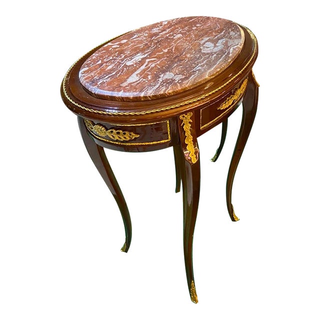 Pair of French Louis XV Mahogany End Tables Gilt Bronze, Marble Top For Sale