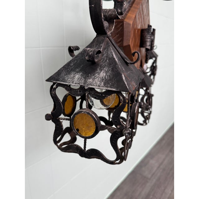 Black Vintage Brutalist 3-Light Lantern in Wood and Wrought Iron, 1970s For Sale - Image 8 of 18